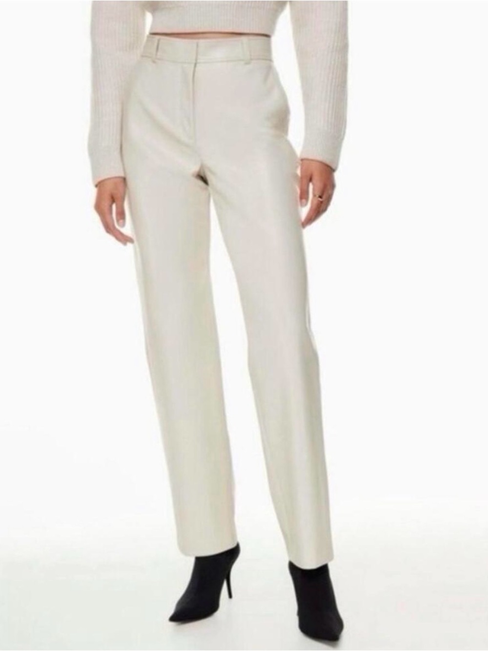 Babaton Aritzia Command Faux Vegan Leather Straight Leg Trouser Pants in cream.